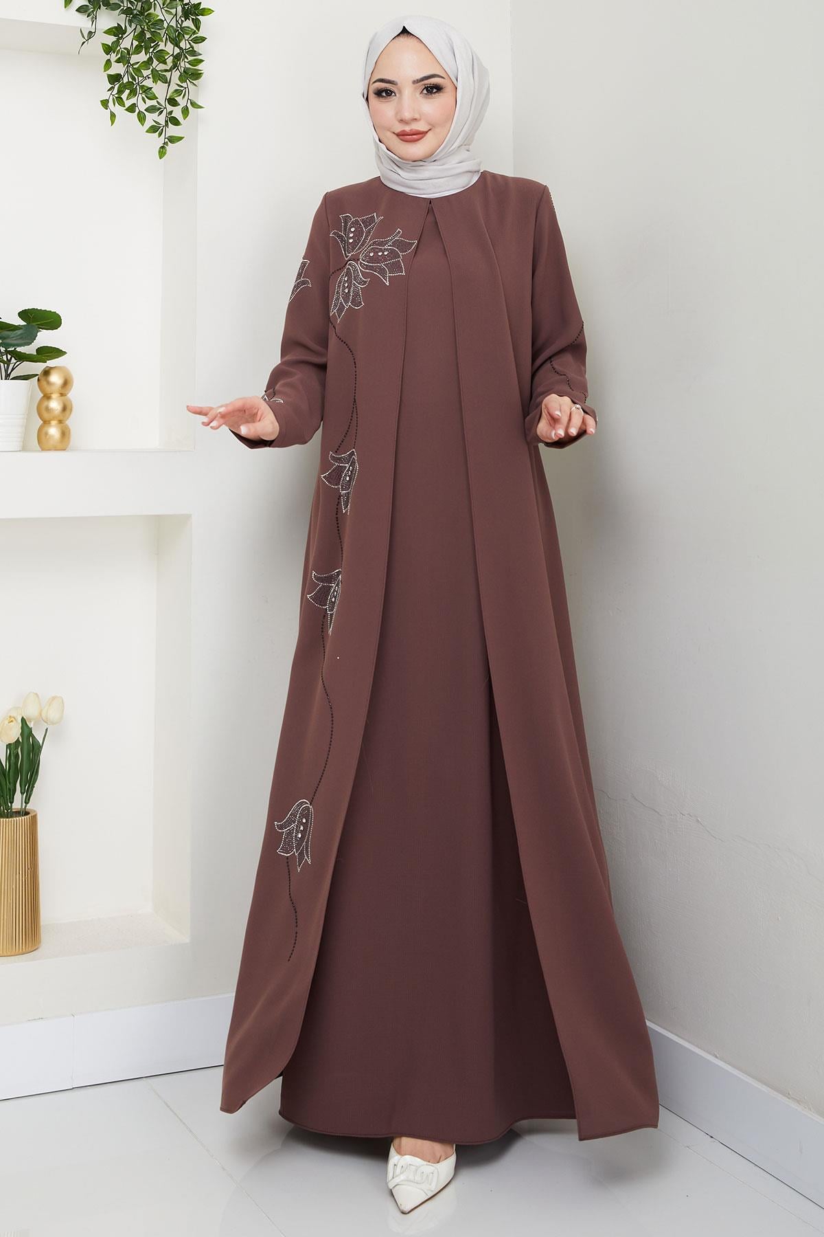 Büyük Beden Lale Taşlı Anne Elbisesi Kahverengi HM2692