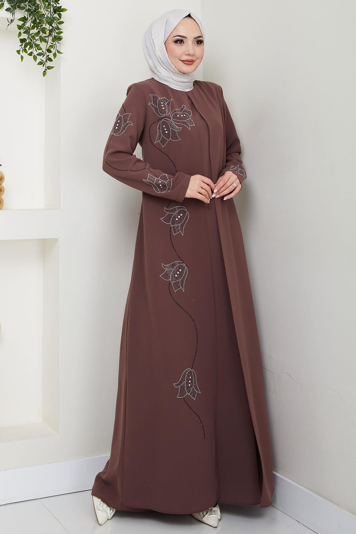Büyük Beden Lale Taşlı Anne Elbisesi Kahverengi HM2692
