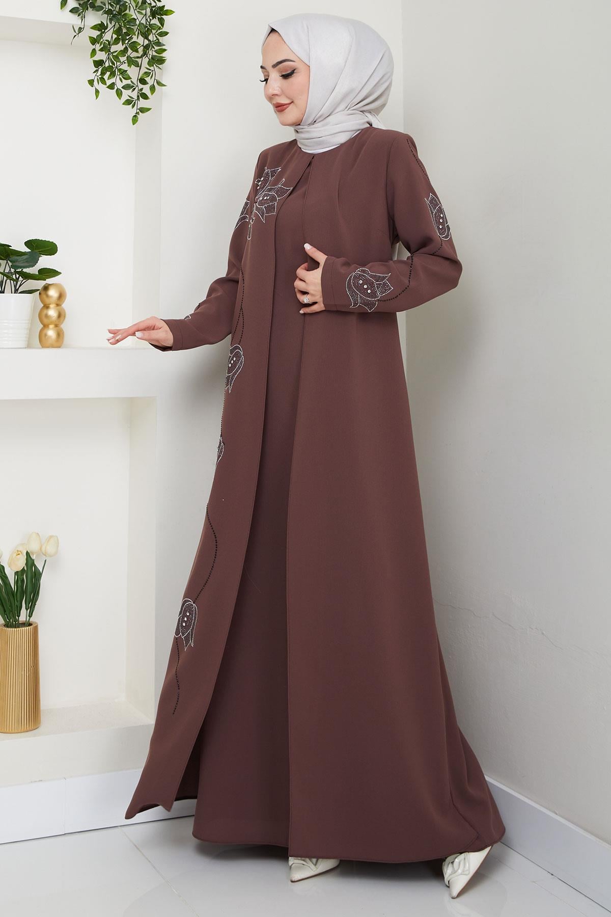 Büyük Beden Lale Taşlı Anne Elbisesi Kahverengi HM2692