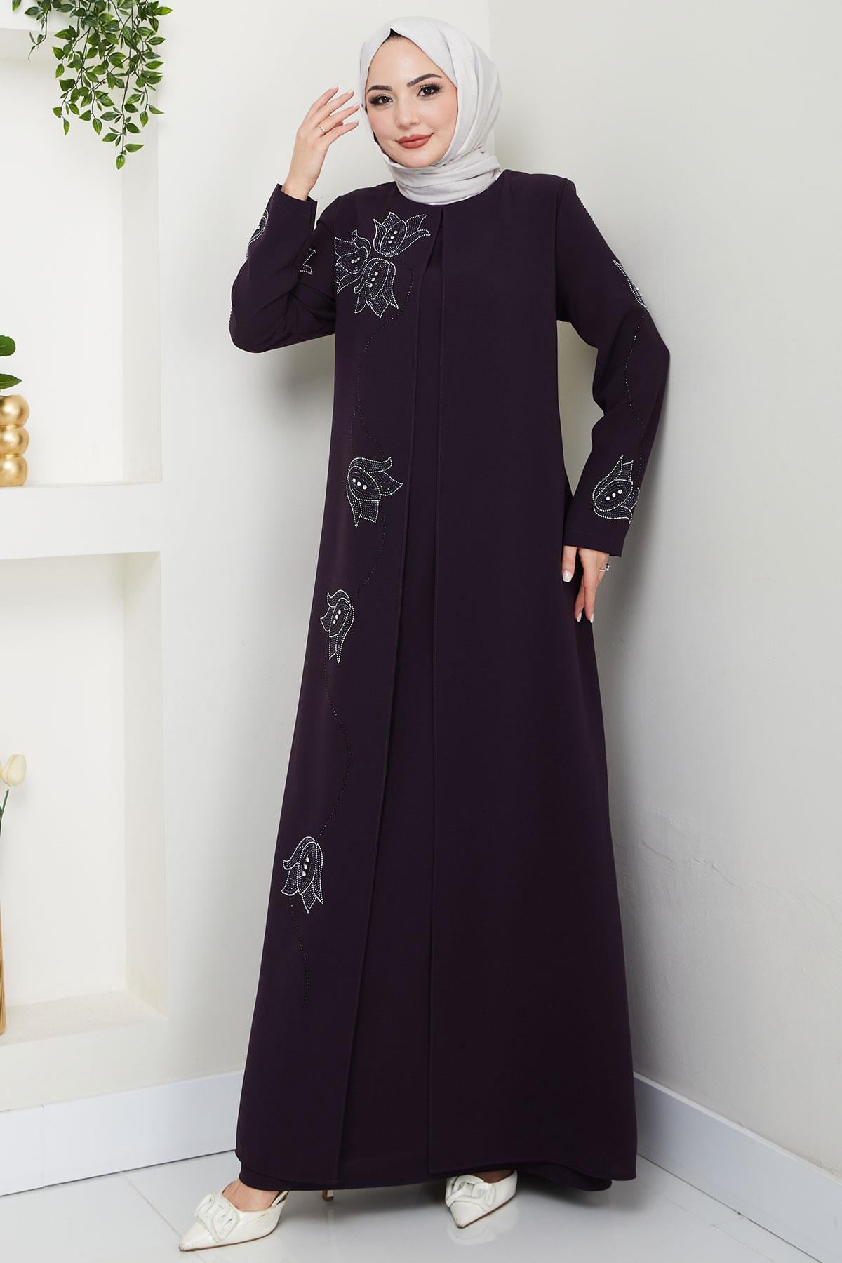 Büyük Beden Lale Taşlı Anne Elbisesi Mor HM2692