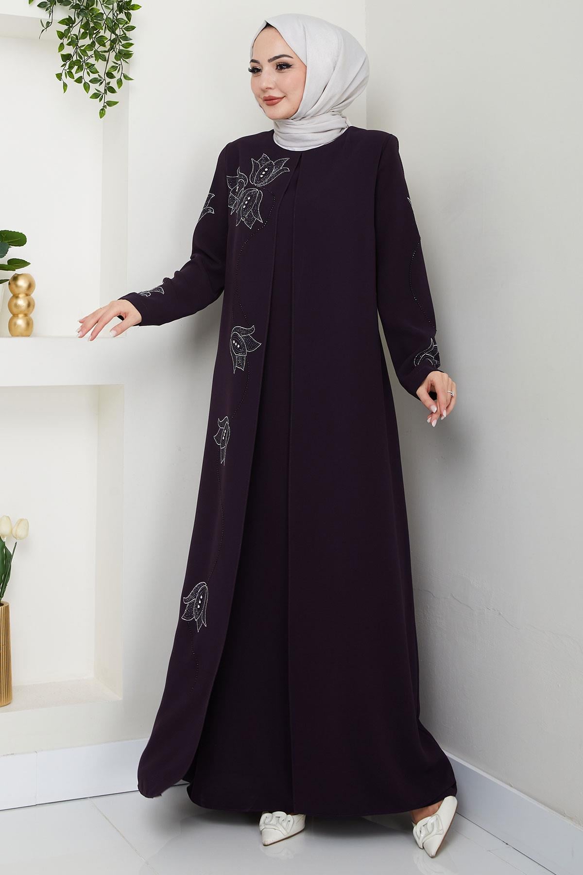 Büyük Beden Lale Taşlı Anne Elbisesi Mor HM2692