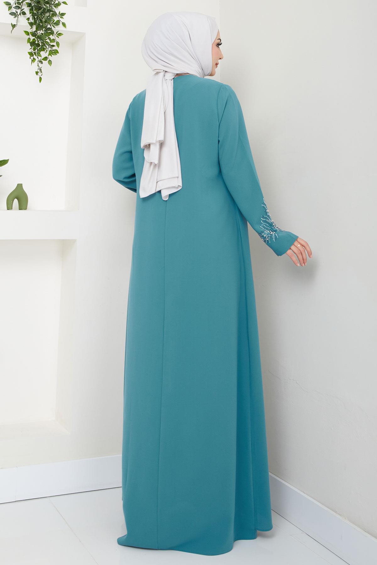 Büyük Beden Yaprak Taşlı Anne Elbisesi Mint HM2350