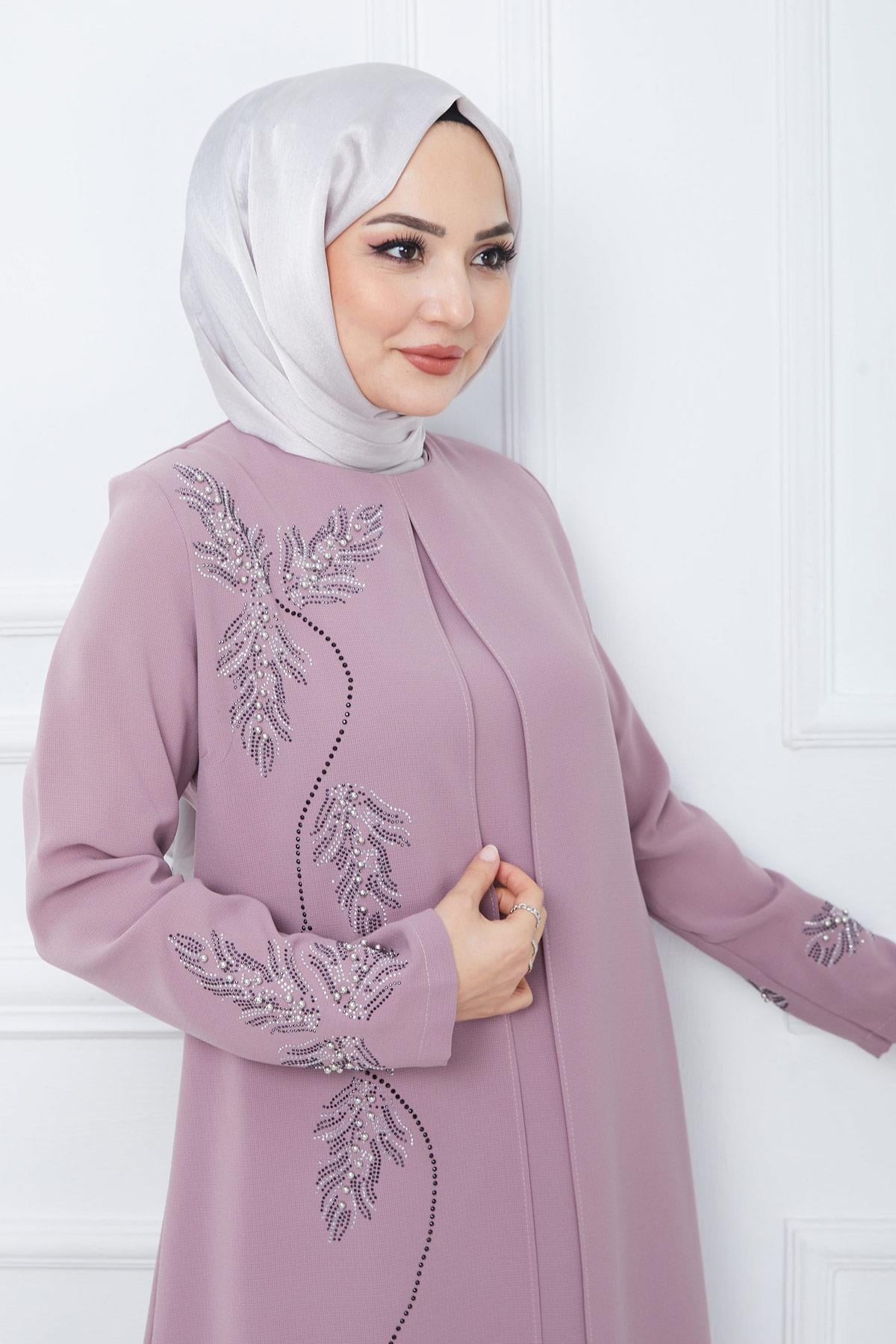 Büyük Beden Yaprak Taşlı Anne Elbisesi Pembe HM2350