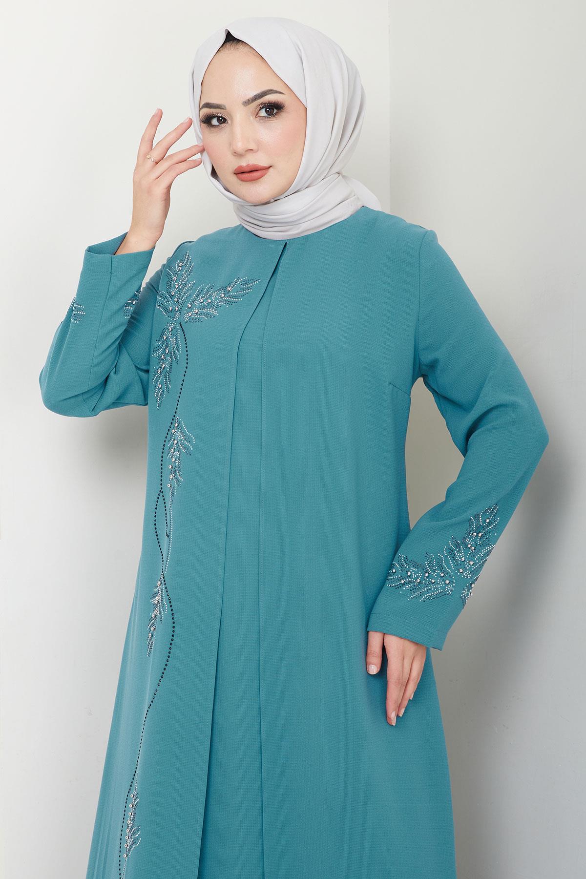 Büyük Beden Yaprak Taşlı Anne Elbisesi Mint HM2350