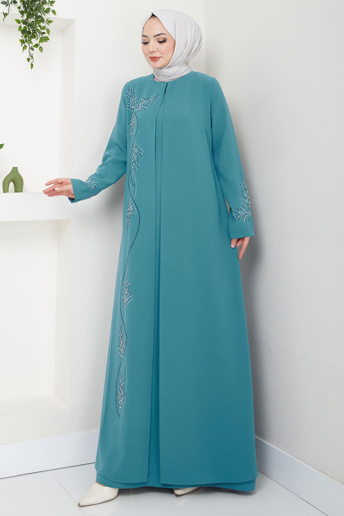 Büyük Beden Yaprak Taşlı Anne Elbisesi Mint HM2350