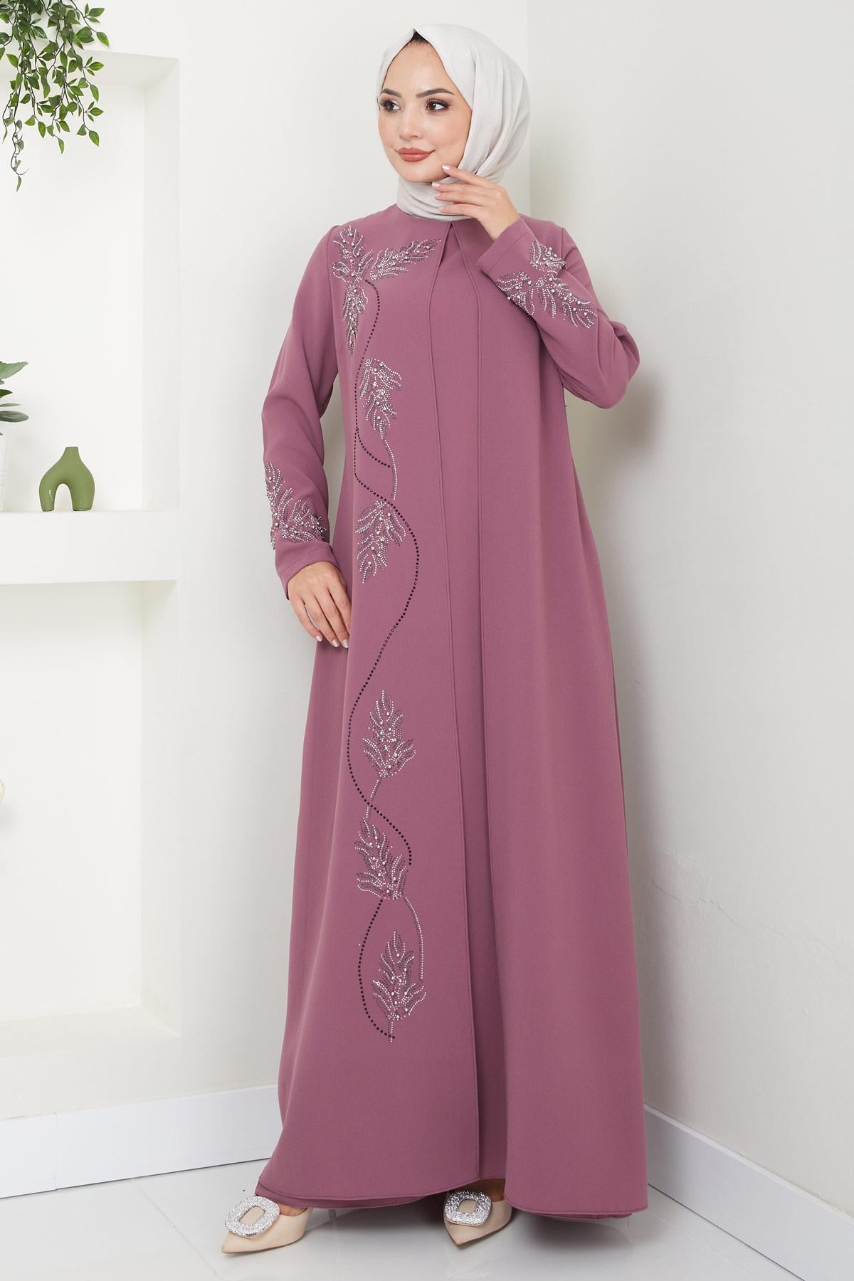 Büyük Beden Yaprak Taşlı Anne Elbisesi Gül Kurusu HM2350