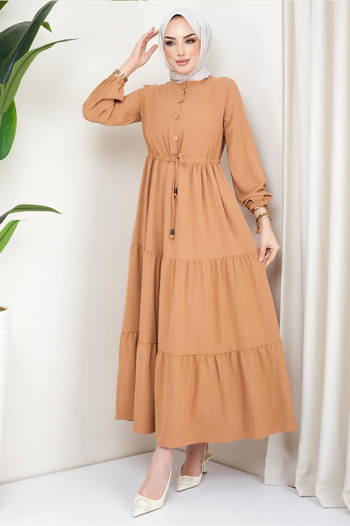 Büzgülü Düğmeli Ayrobin Elbise Camel