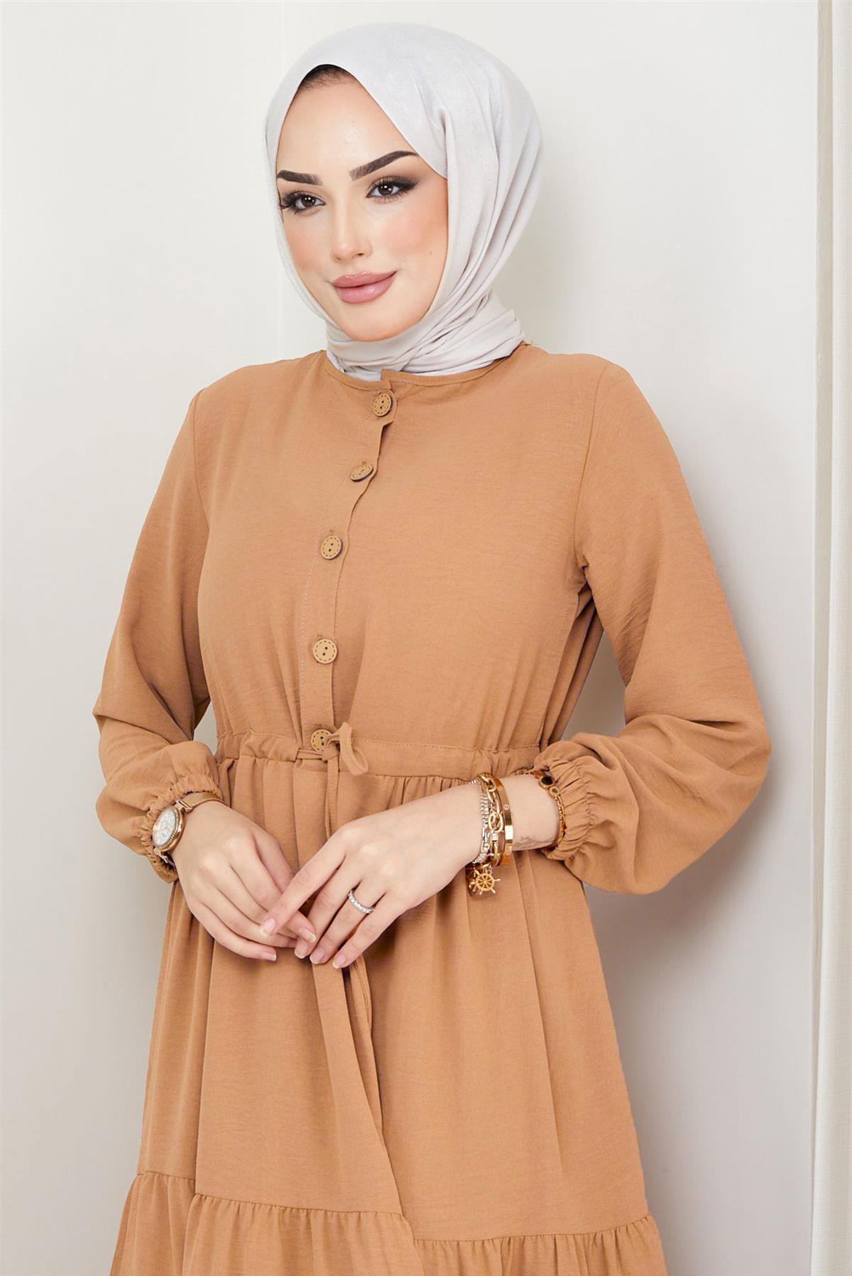 Büzgülü Düğmeli Ayrobin Elbise Camel