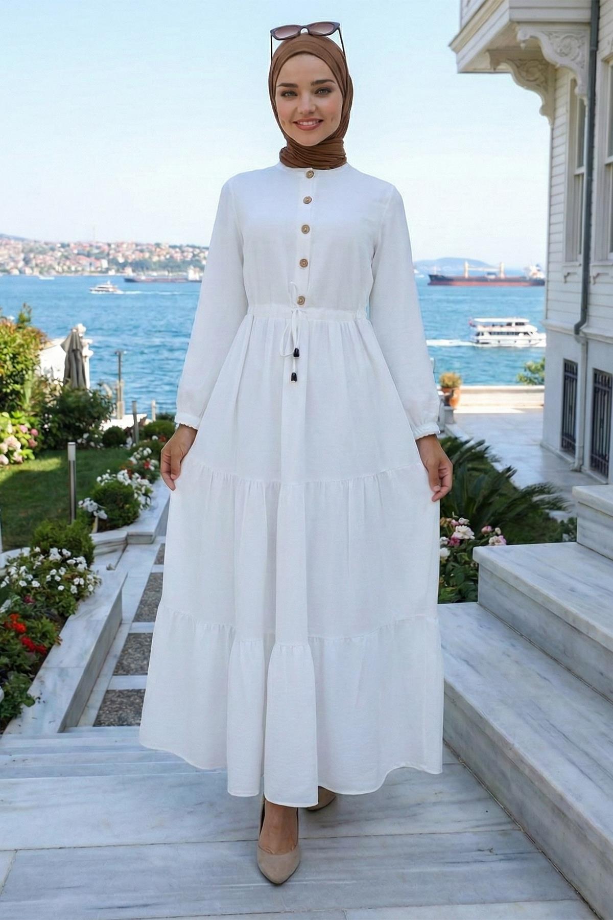 Büzgülü Düğmeli Bağcıklı Ayrobin Elbise Beyaz HM268811