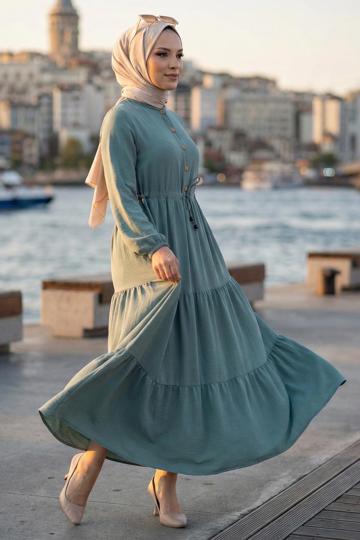 Büzgülü Düğmeli Bağcıklı Ayrobin Elbise Mint HM268811