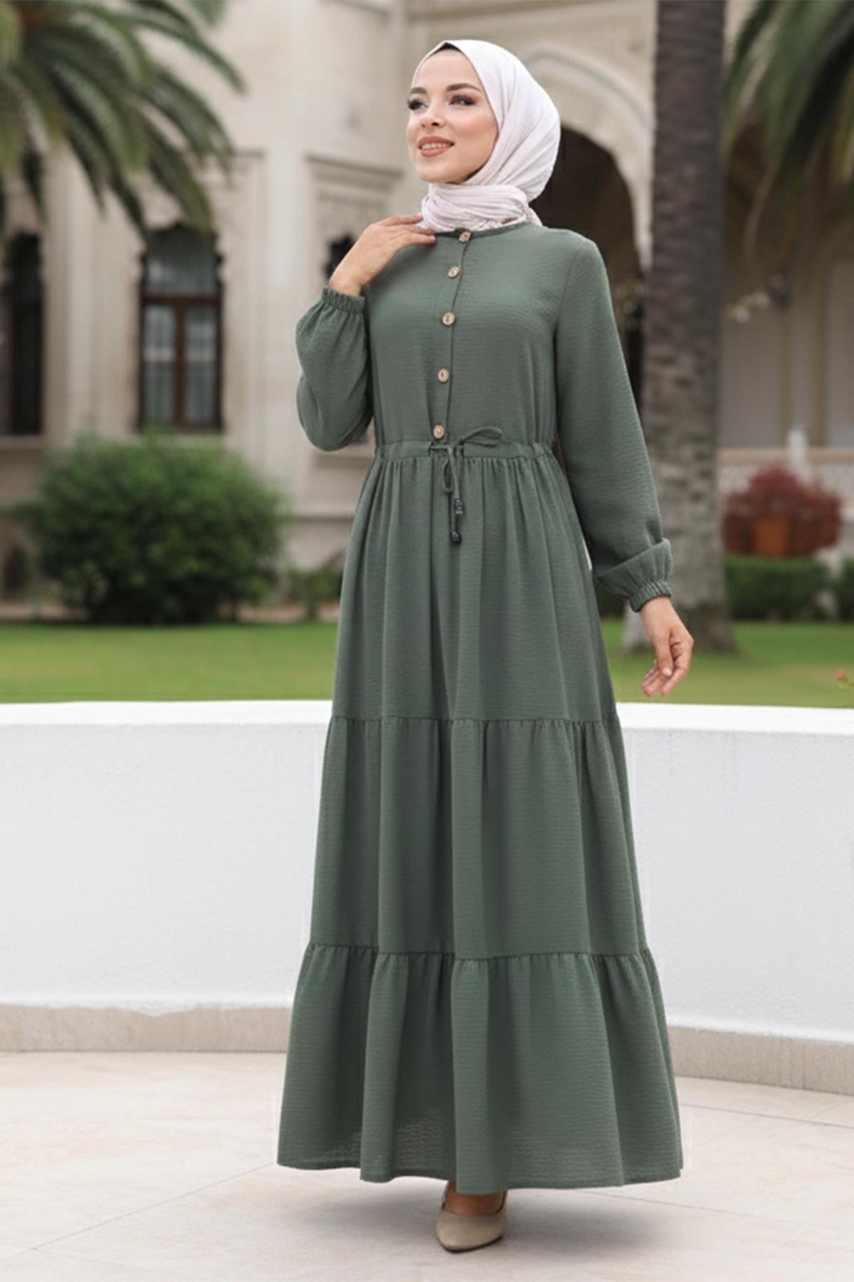 Büzgülü Düğmeli Bağcıklı Ayrobin Elbise Haki HM268811