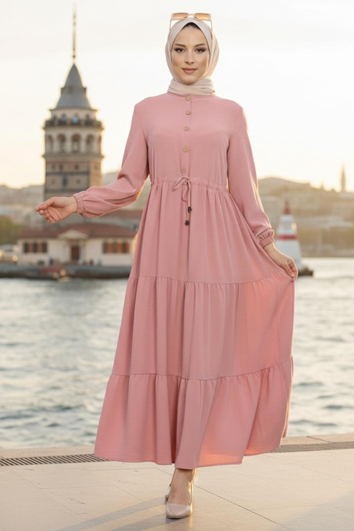 Büzgülü Düğmeli Bağcıklı Ayrobin Elbise Pembe HM268811