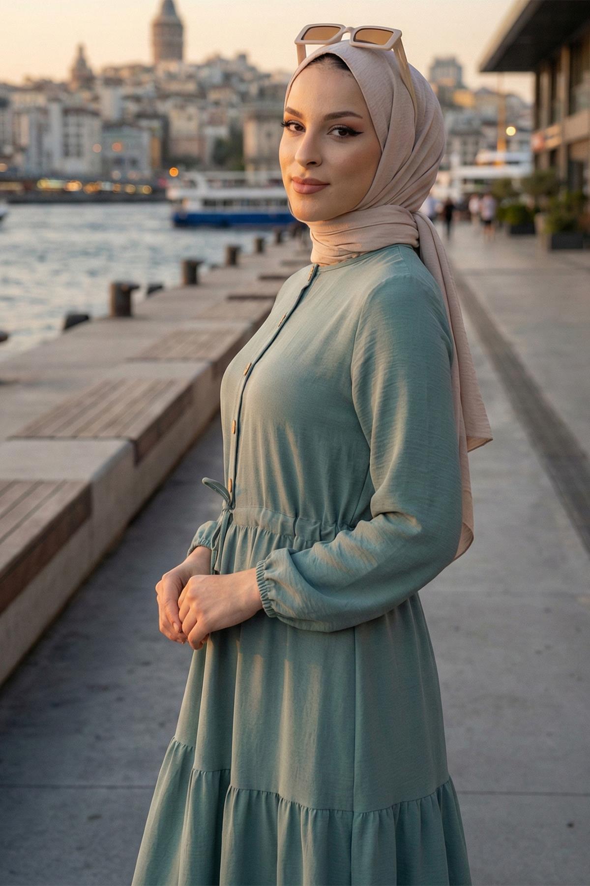 Büzgülü Düğmeli Bağcıklı Ayrobin Elbise Mint HM268811