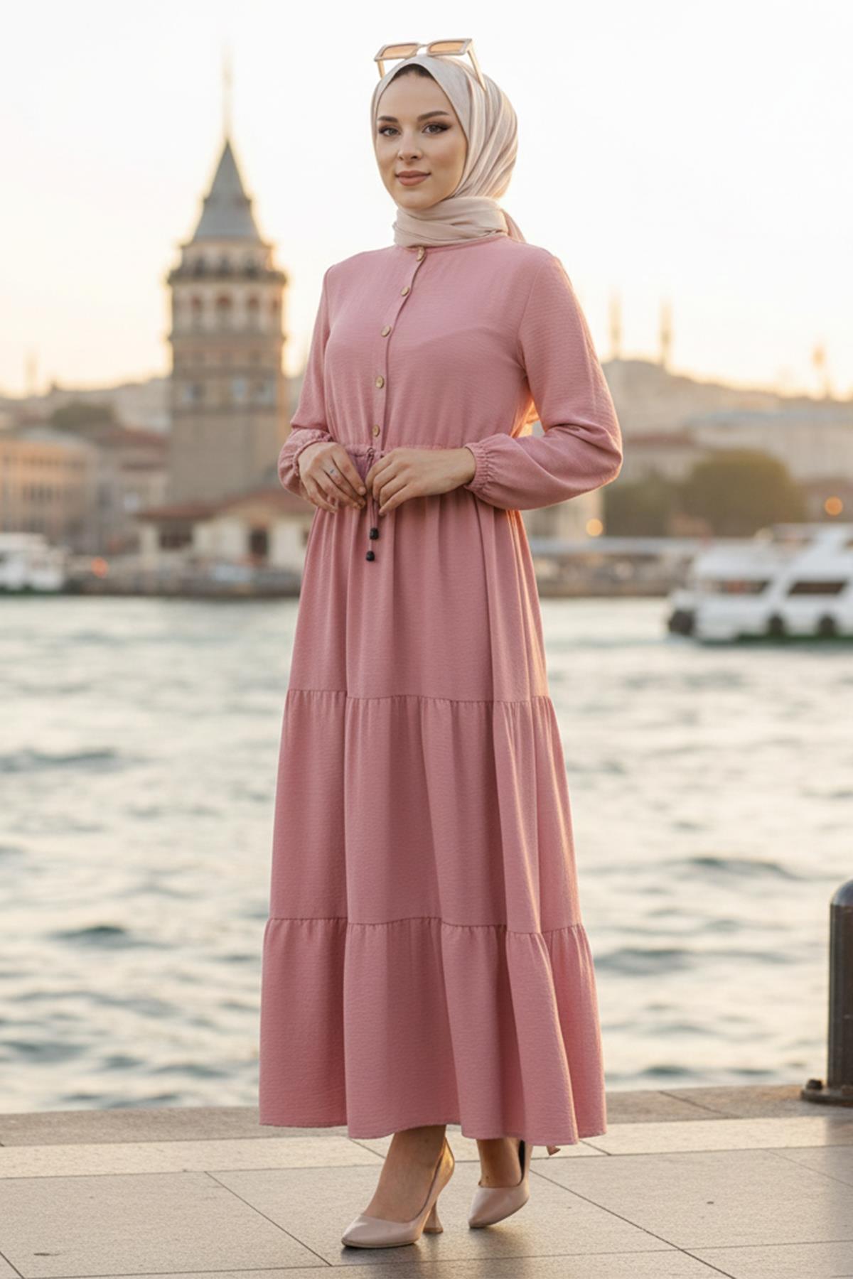 Büzgülü Düğmeli Bağcıklı Ayrobin Elbise Pembe HM268811