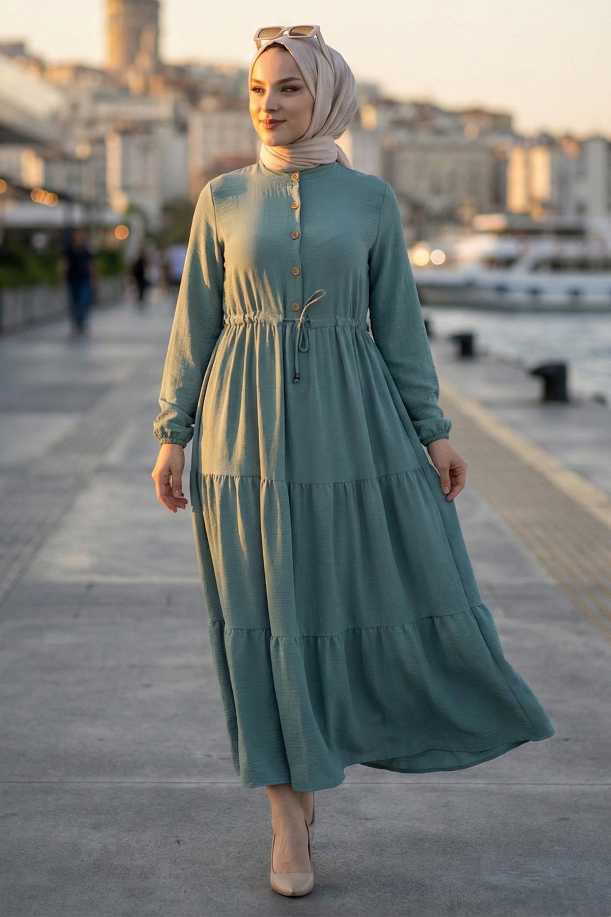 Büzgülü Düğmeli Bağcıklı Ayrobin Elbise Mint HM268811