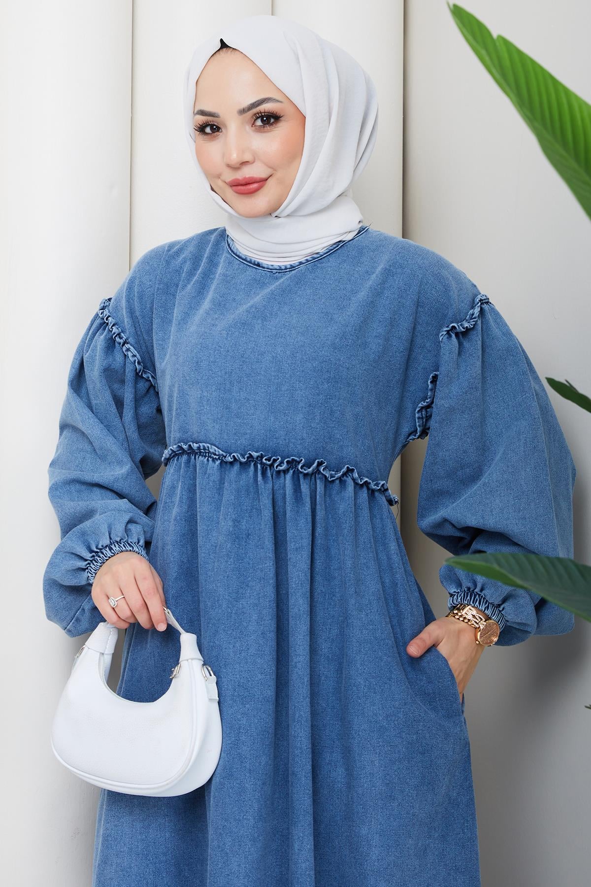 Büzgülü Kot Elbise Açık Mavi HM2895