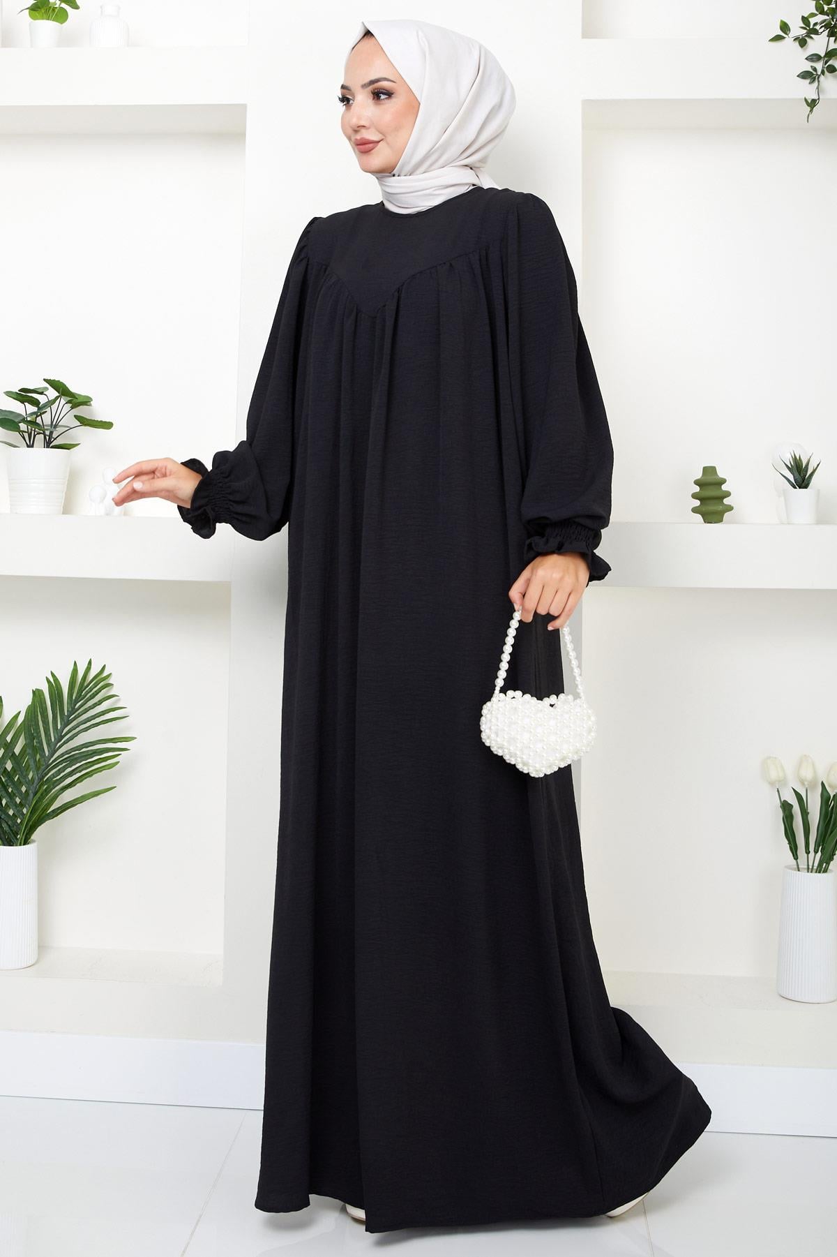 Büzgülü Robalı Elbise Siyah HM2501
