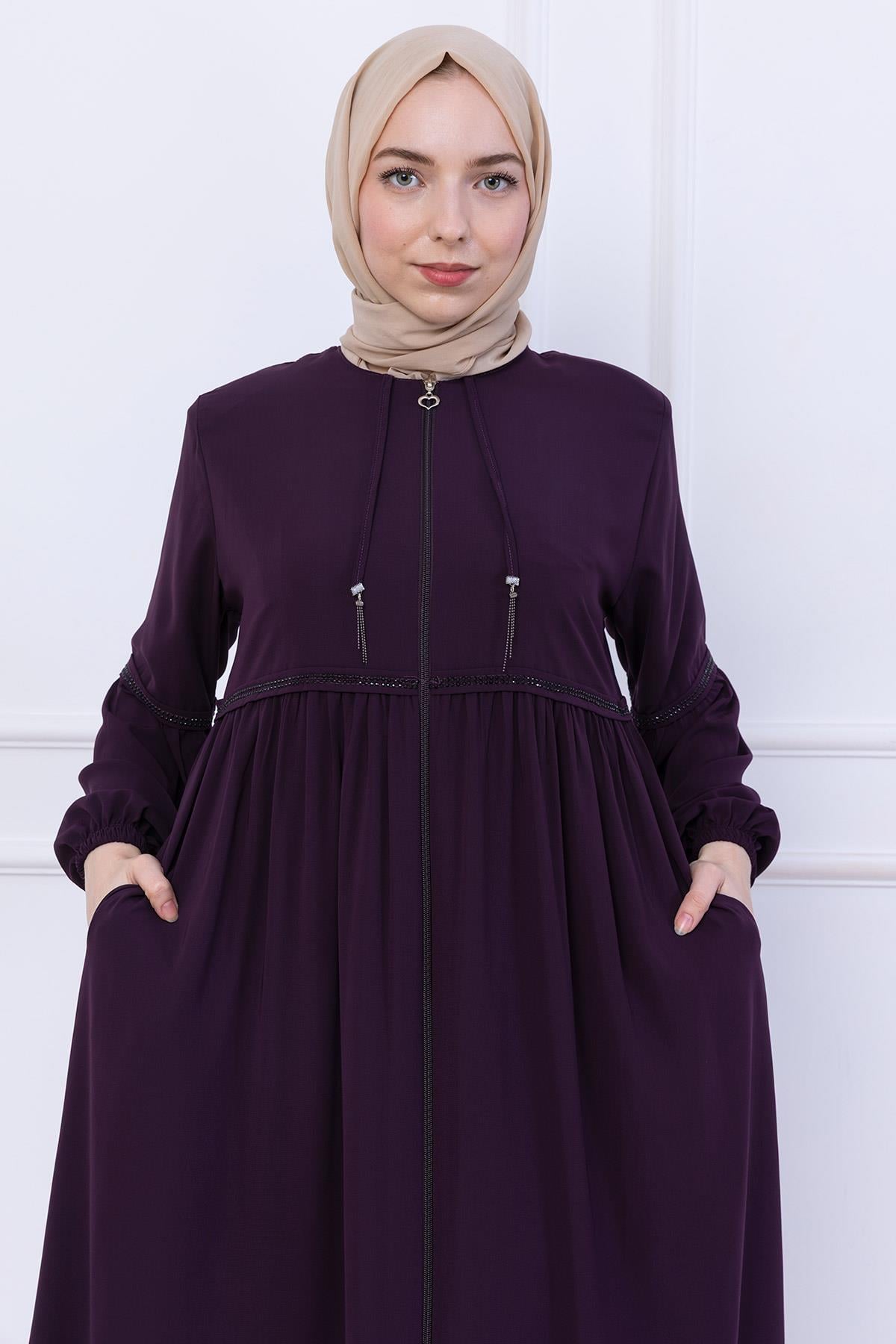 Büzgülü Taşlı Ferace Mürdüm HM2732