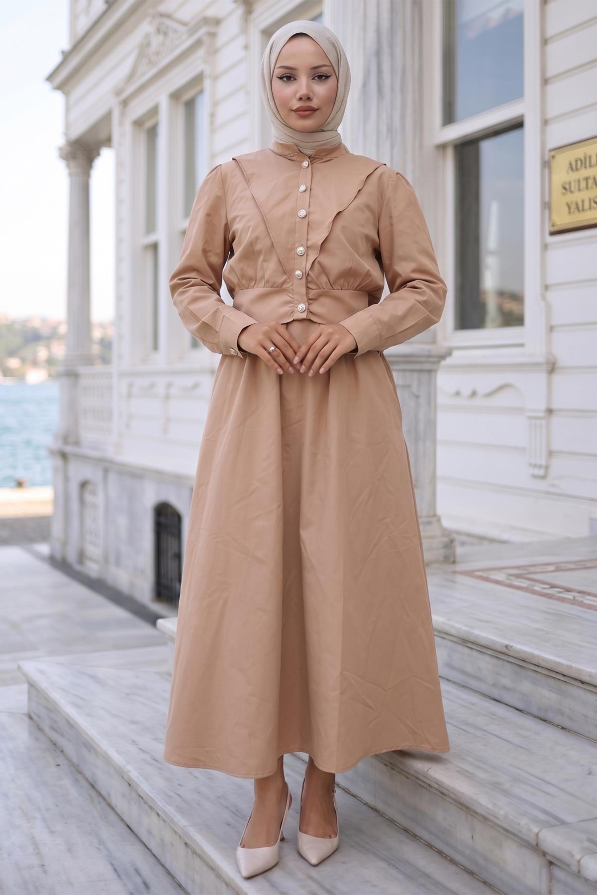 Ceketli Cepli Beli Bağlamalı Jile Elbise Camel HM262785