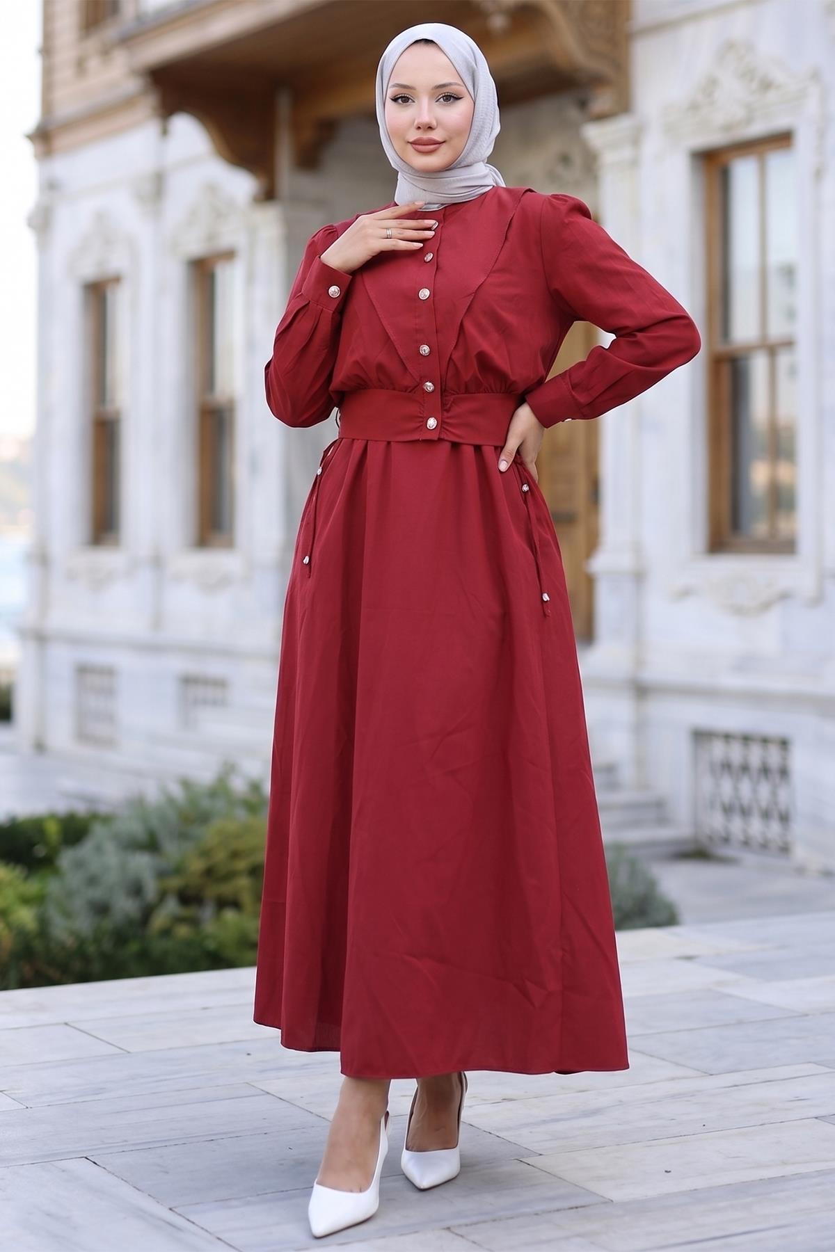 Ceketli Cepli Beli Bağlamalı Jile Elbise Bordo HM262785