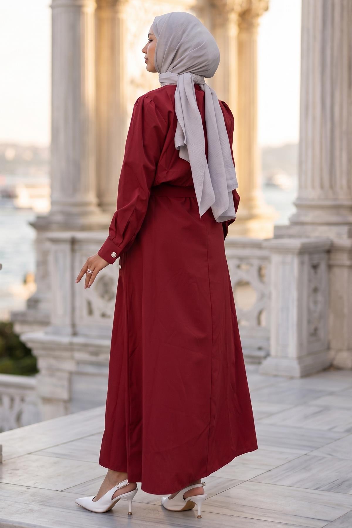Ceketli Cepli Beli Bağlamalı Jile Elbise Bordo HM262785