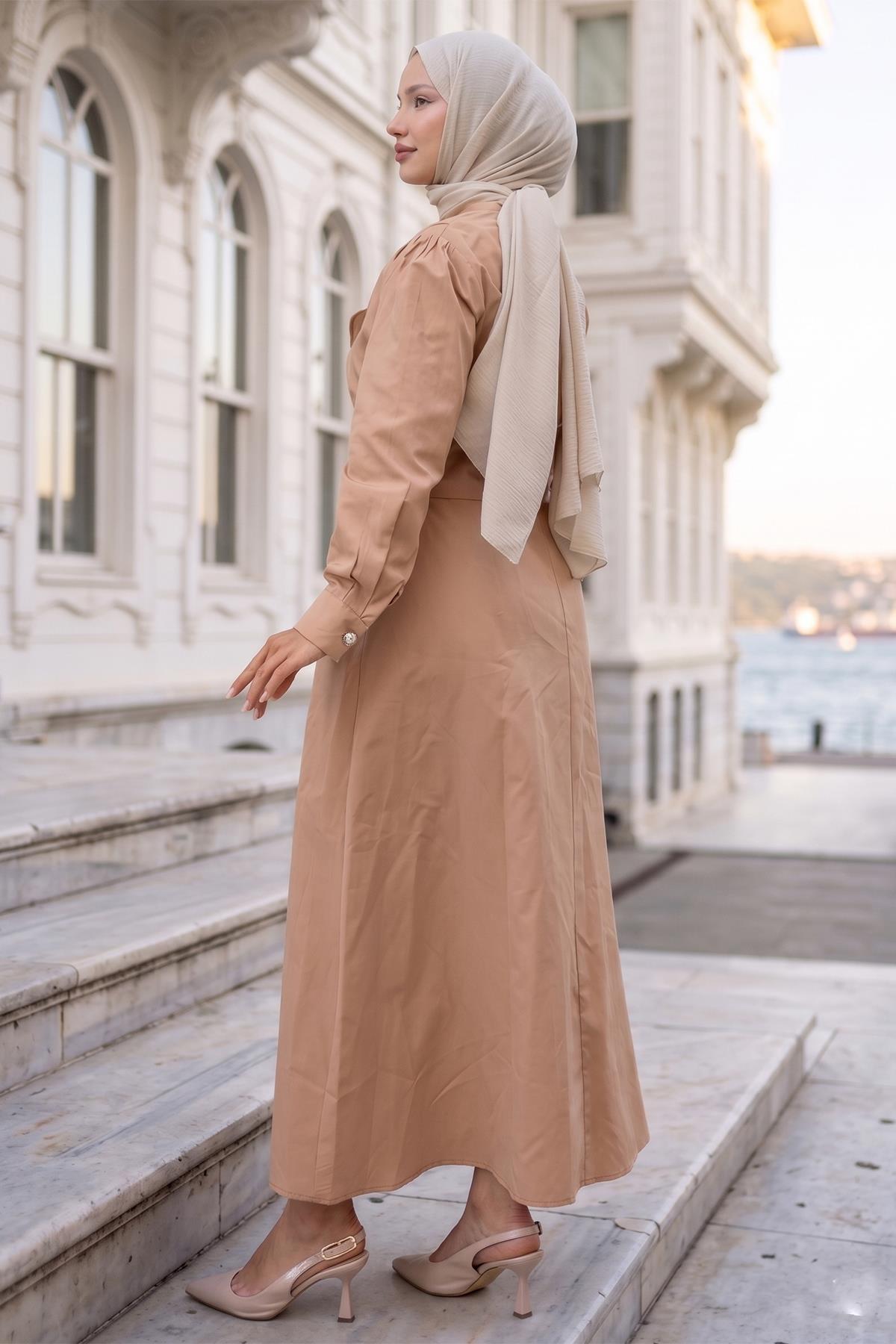 Ceketli Cepli Beli Bağlamalı Jile Elbise Camel HM262785