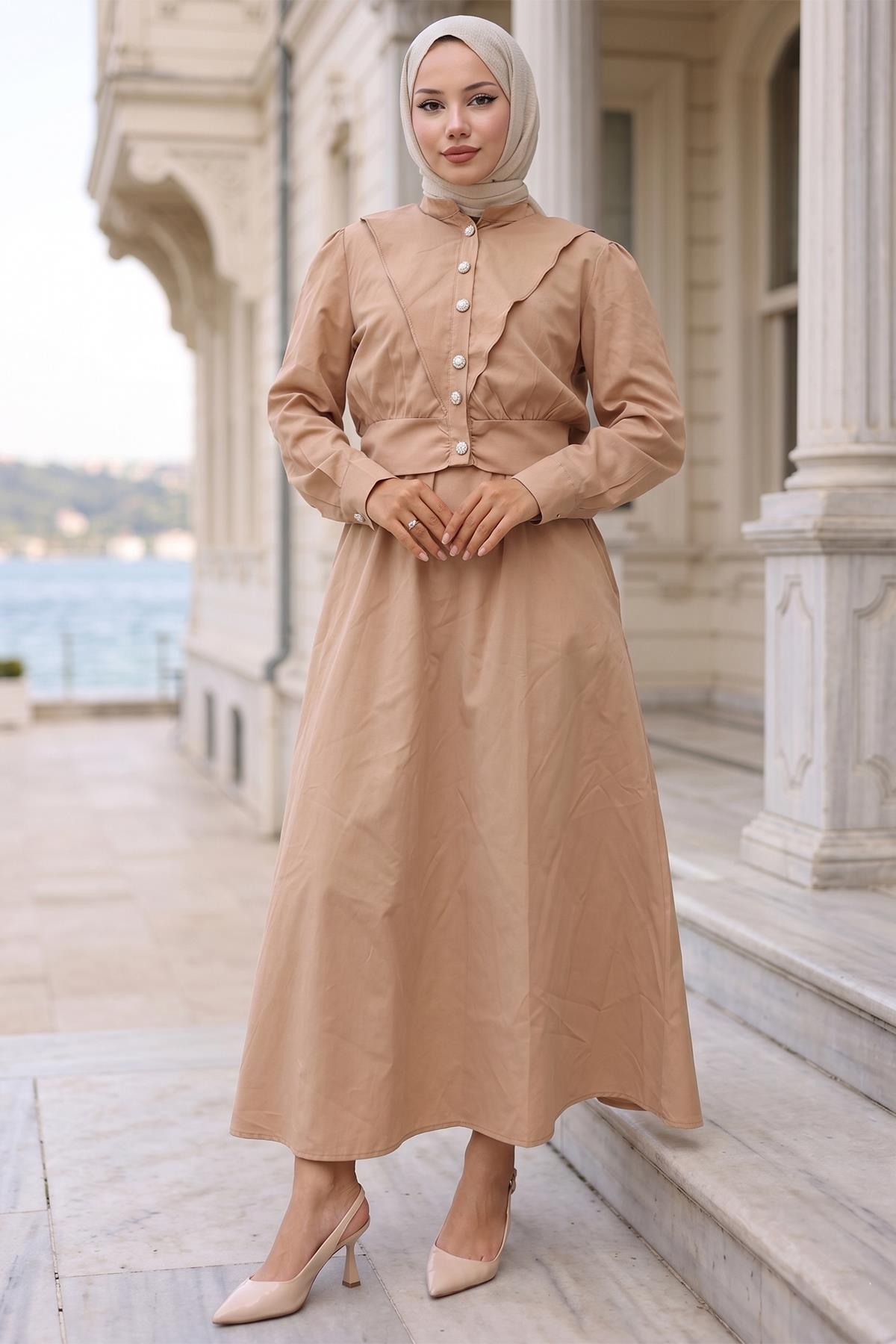 Ceketli Cepli Beli Bağlamalı Jile Elbise Camel HM262785