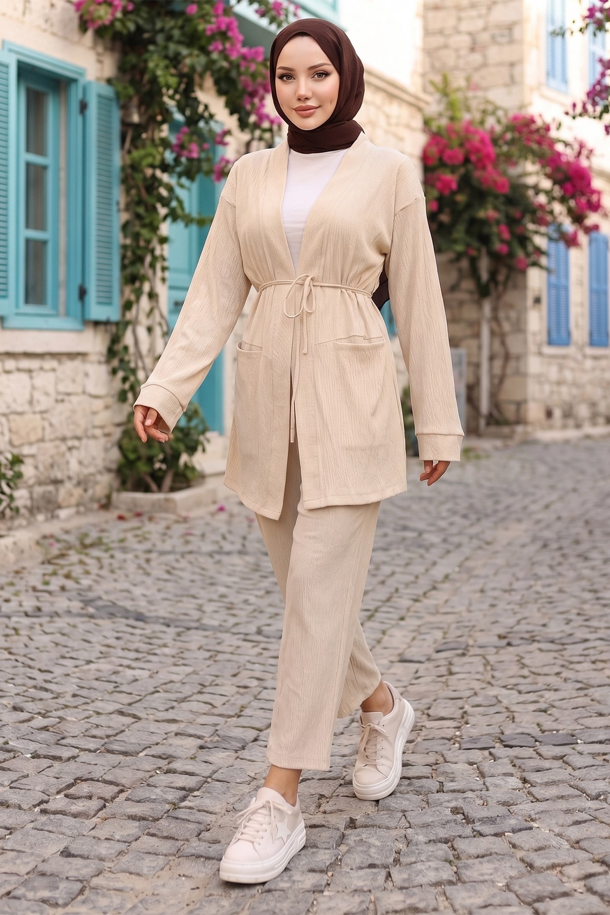 Cepli Bağlamalı Kimonolu İkili Takım Bej HM2941