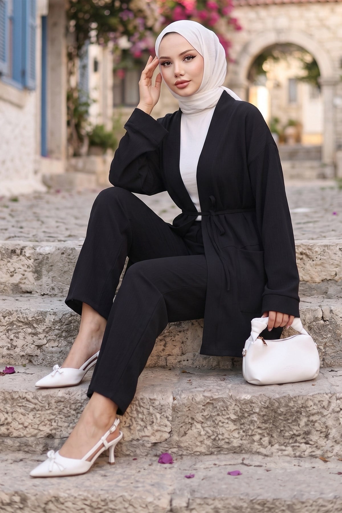 Cepli Bağlamalı Kimonolu İkili Takım Siyah HM2941