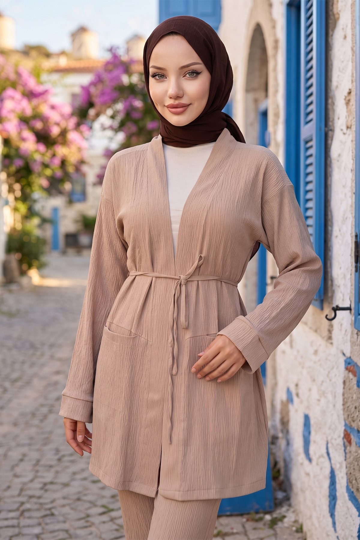 Cepli Bağlamalı Kimonolu İkili Takım Vizon HM2941
