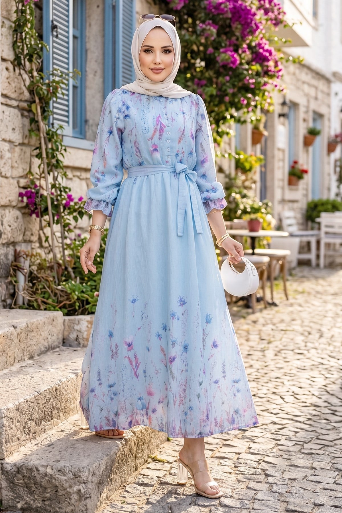 Çiçek Desenli Astarlı Kuşaklı Elbise Mavi HM2923