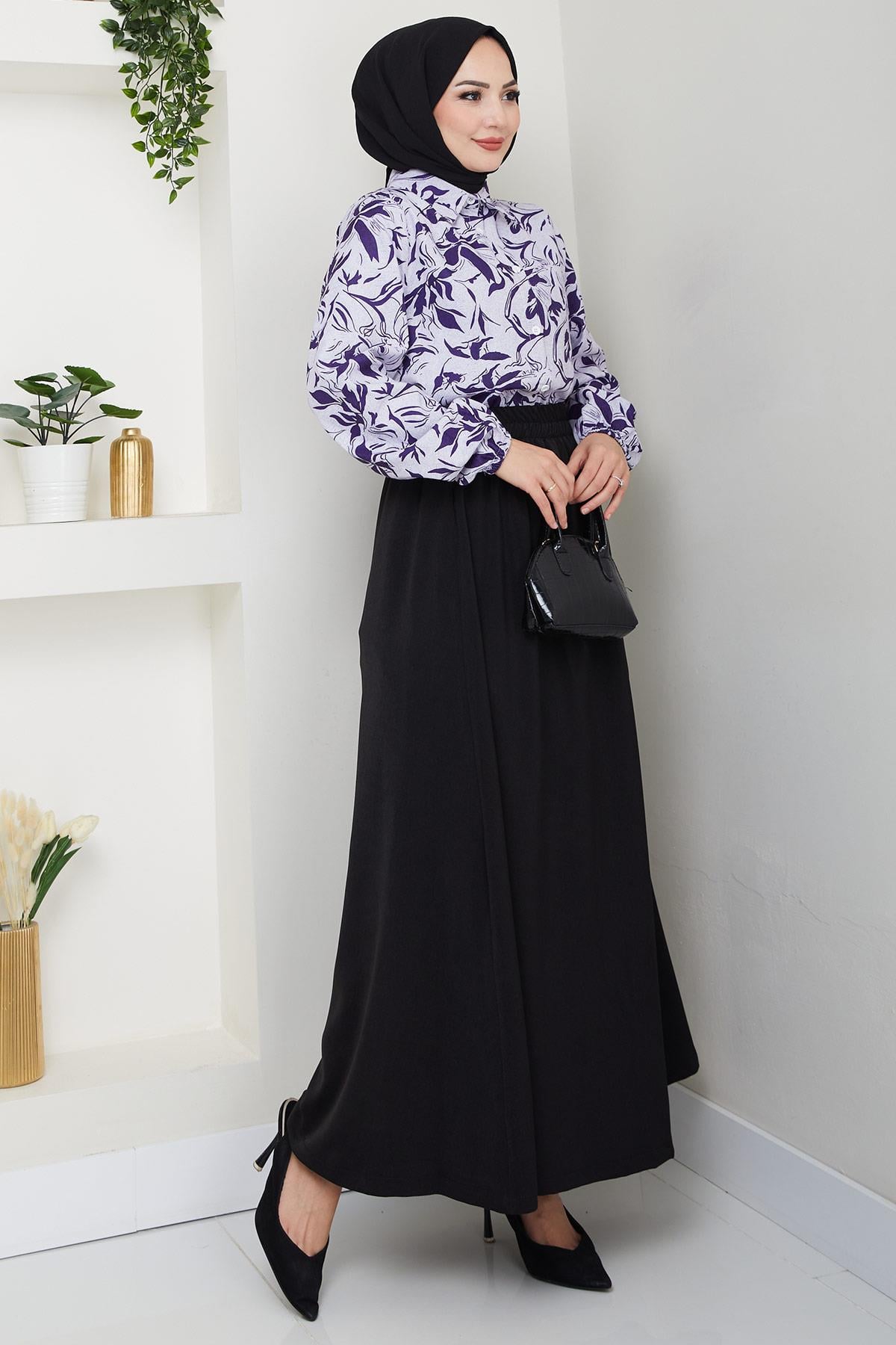 Çiçek Desenli Etekli Takım Mor HM2739