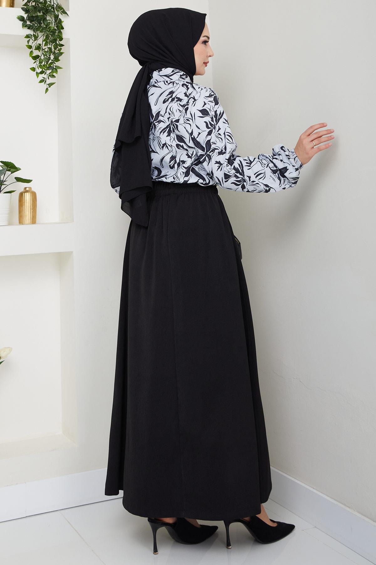 Çiçek Desenli Etekli Takım Siyah HM2739