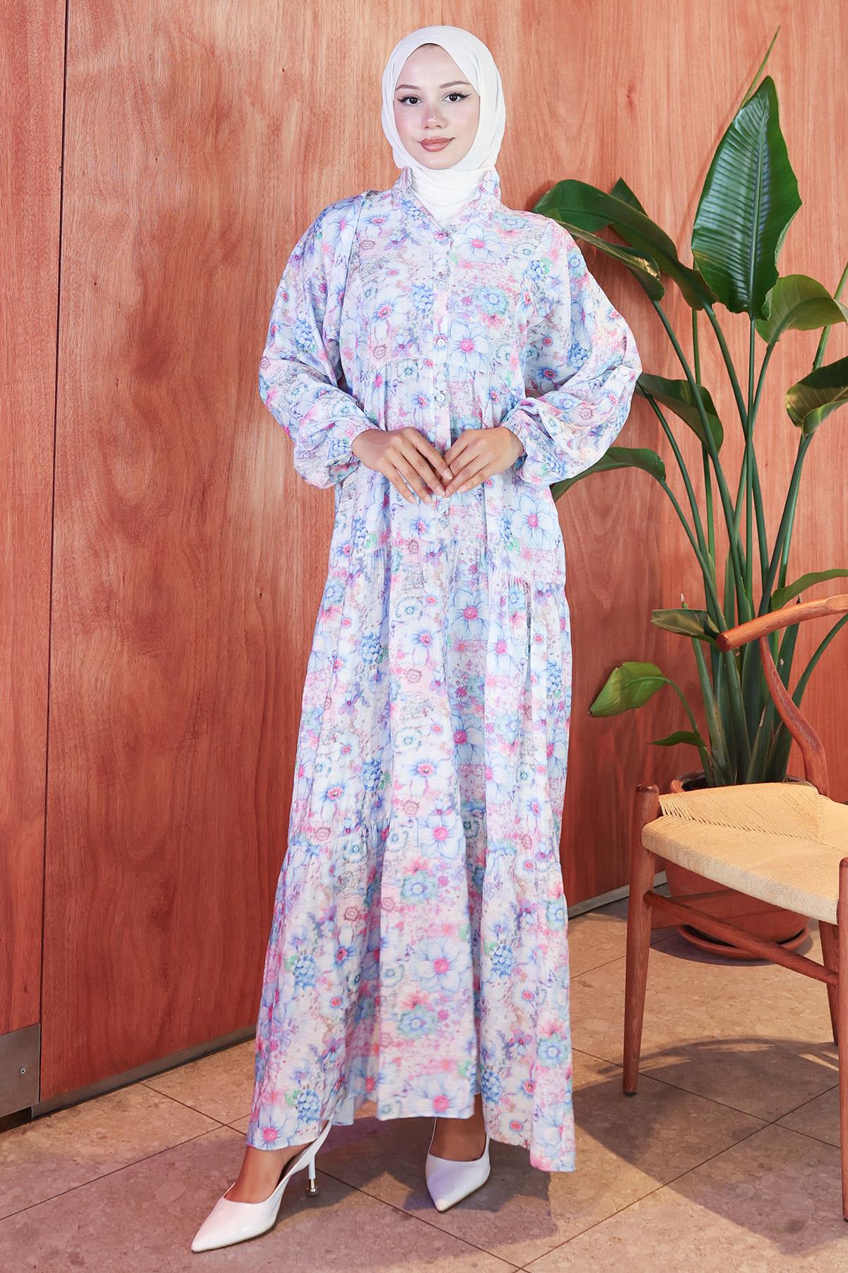 Çiçek Desenli Modal Elbise Mavi HM2797
