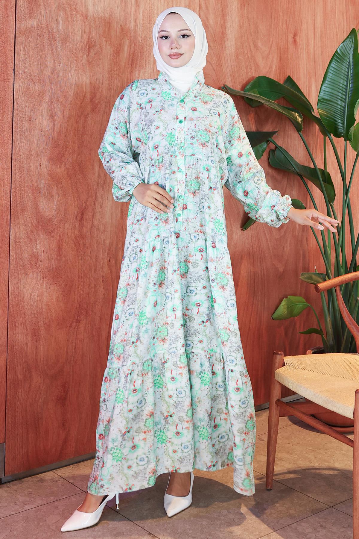 Çiçek Desenli Modal Elbise Mint HM2797