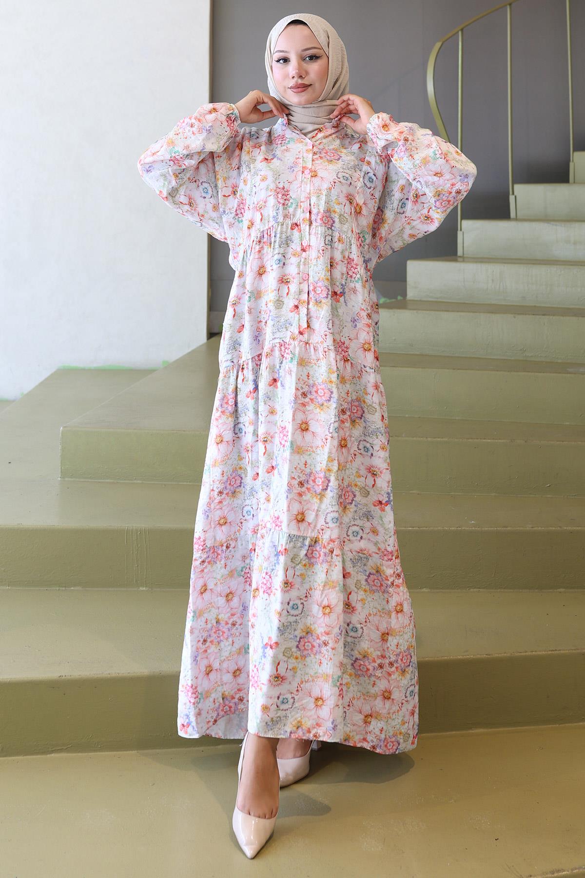 Çiçek Desenli Modal Elbise Pembe HM2797