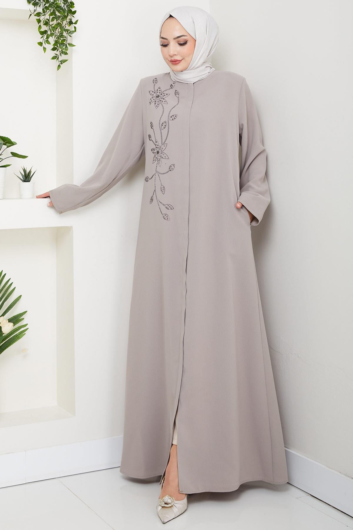 Çiçek Detay Taşlı Ferace Bej HM2847