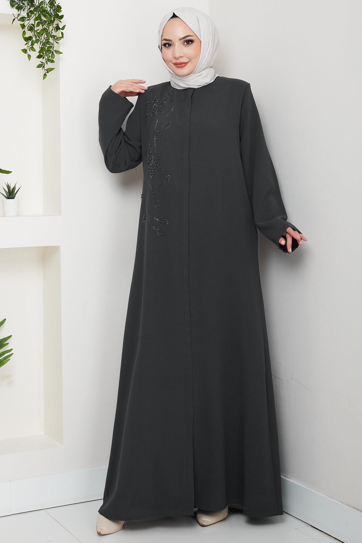 Çiçek Detay Taşlı Ferace Füme HM2847