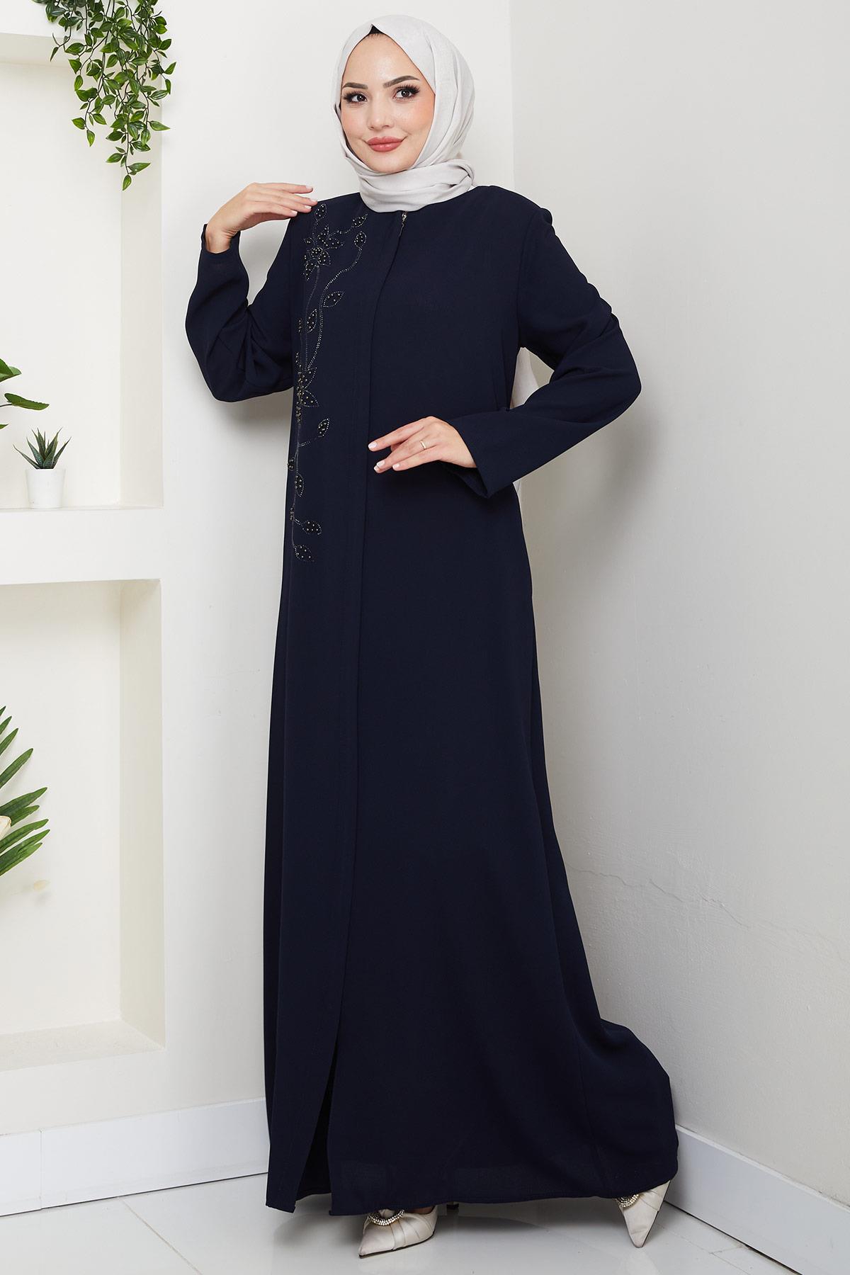 Çiçek Detay Taşlı Ferace Lacivert HM2847