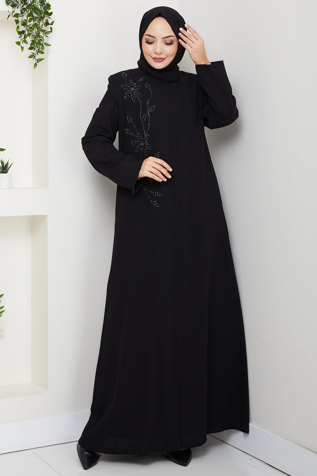 Çiçek Detay Taşlı Ferace Siyah HM2847