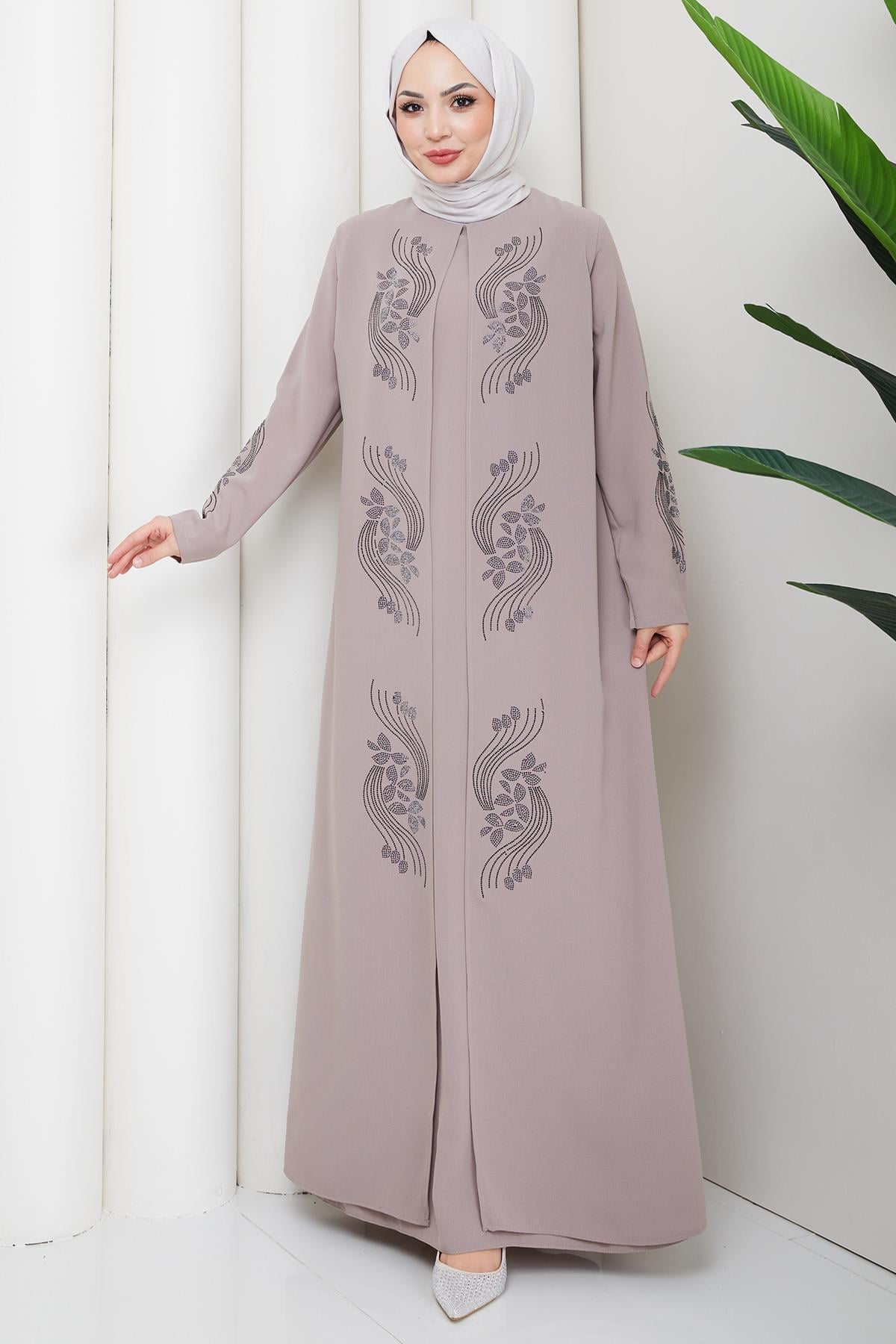Çiçek Taş İşlemeli Şık Tesettür Anne Elbisesi Bej HM2905
