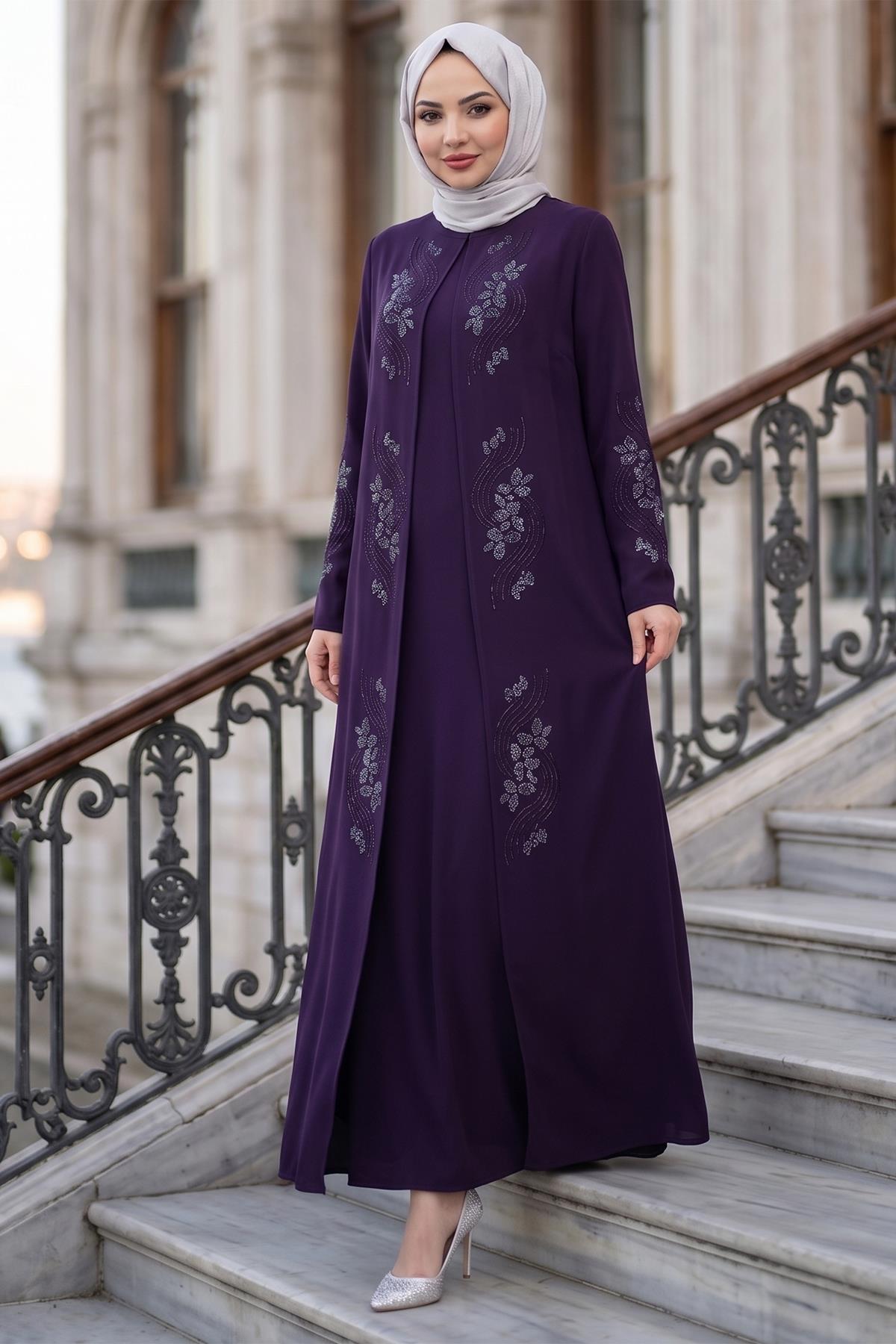Çiçek Taş İşlemeli Şık Tesettür Anne Elbisesi Mor HM2905