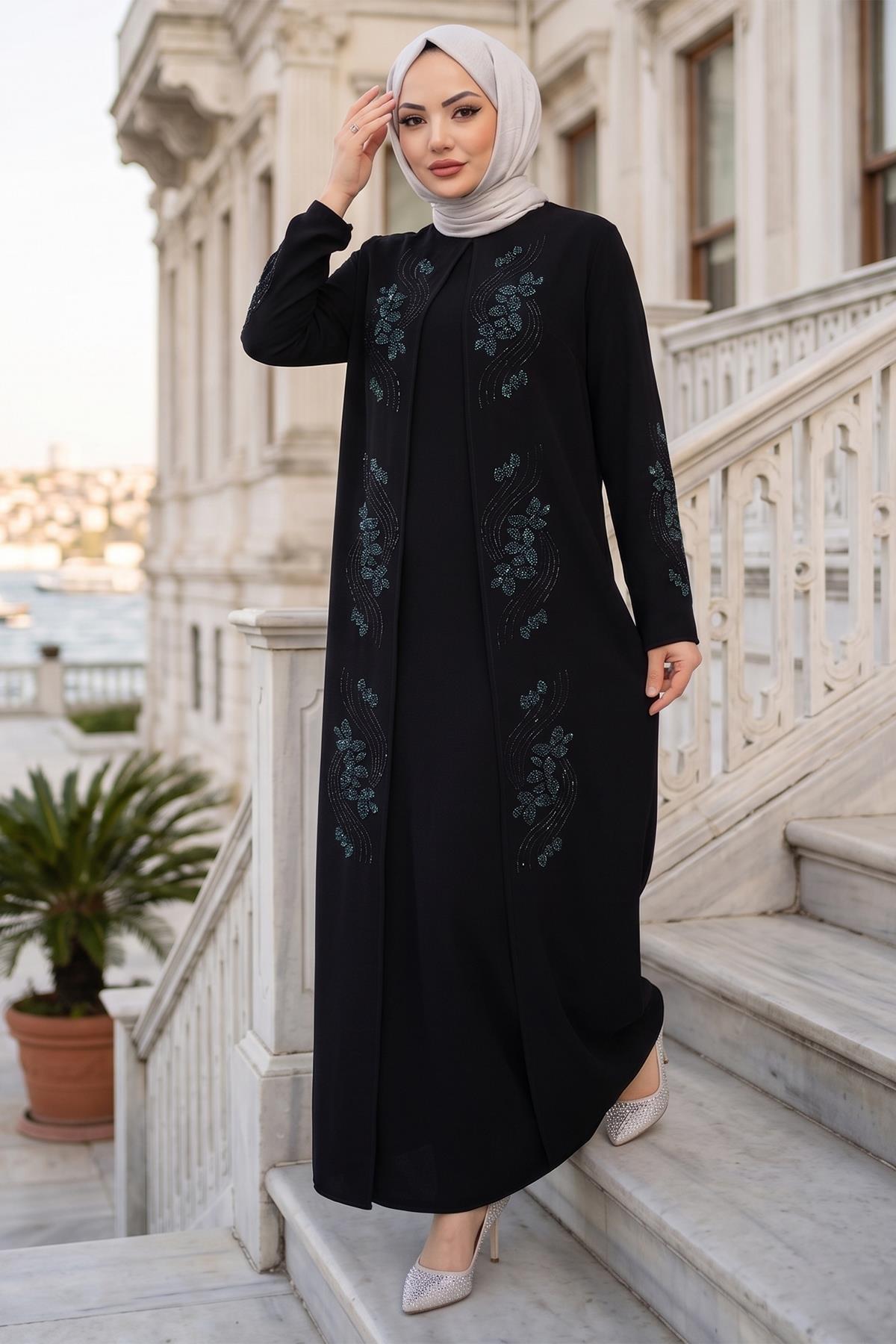Çiçek Taş İşlemeli Şık Tesettür Anne Elbisesi Siyah HM2905