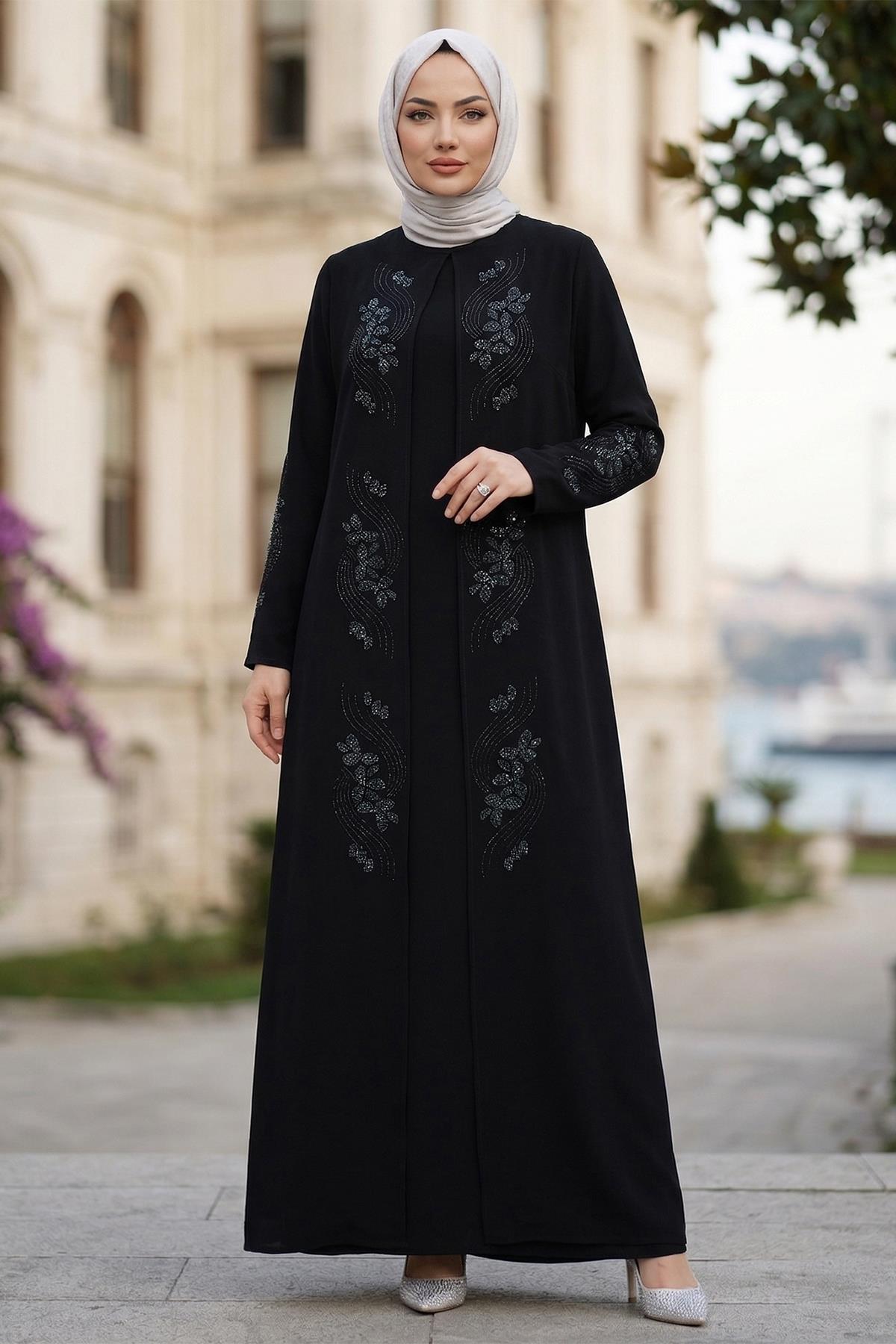 Çiçek Taş İşlemeli Şık Tesettür Anne Elbisesi Siyah HM2905