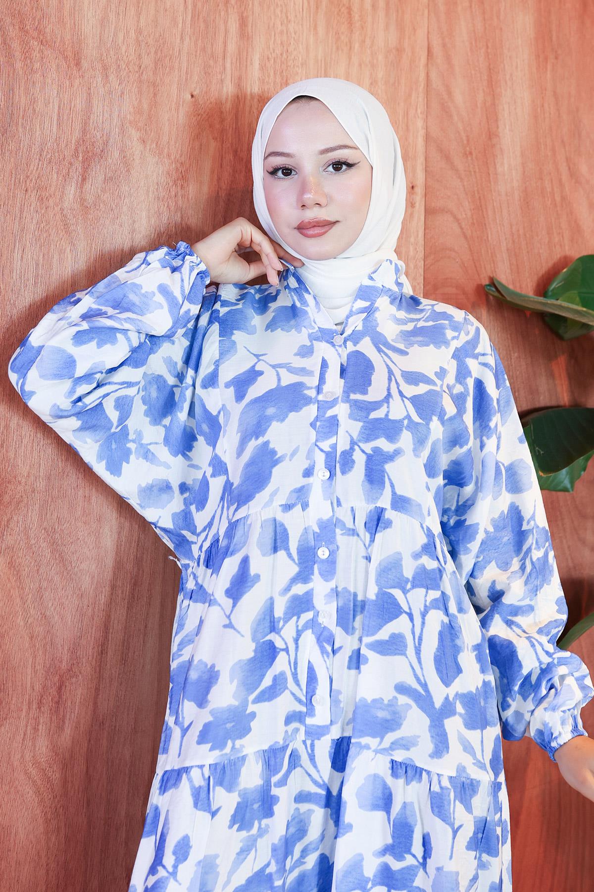 Çiçekli Baskılı Modal Elbise Mavi HM2798