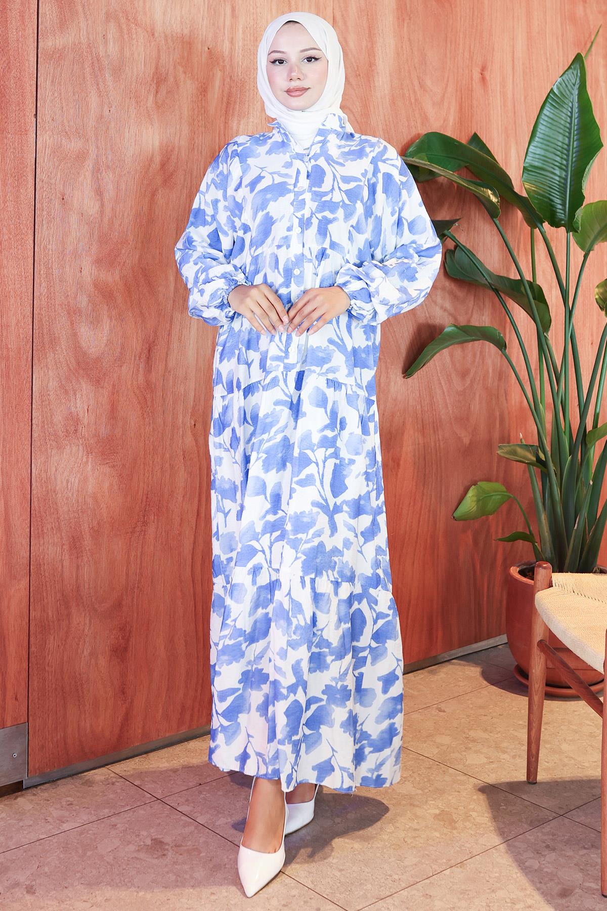 Çiçekli Baskılı Modal Elbise Mavi HM2798