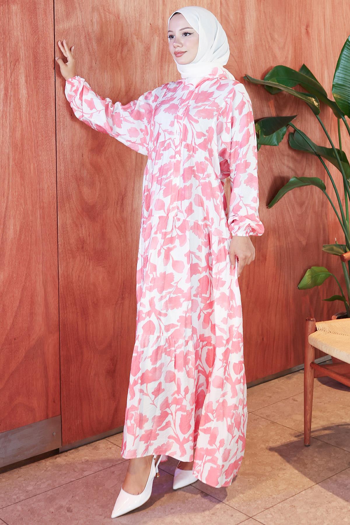 Çiçekli Baskılı Modal Elbise Pembe HM2798