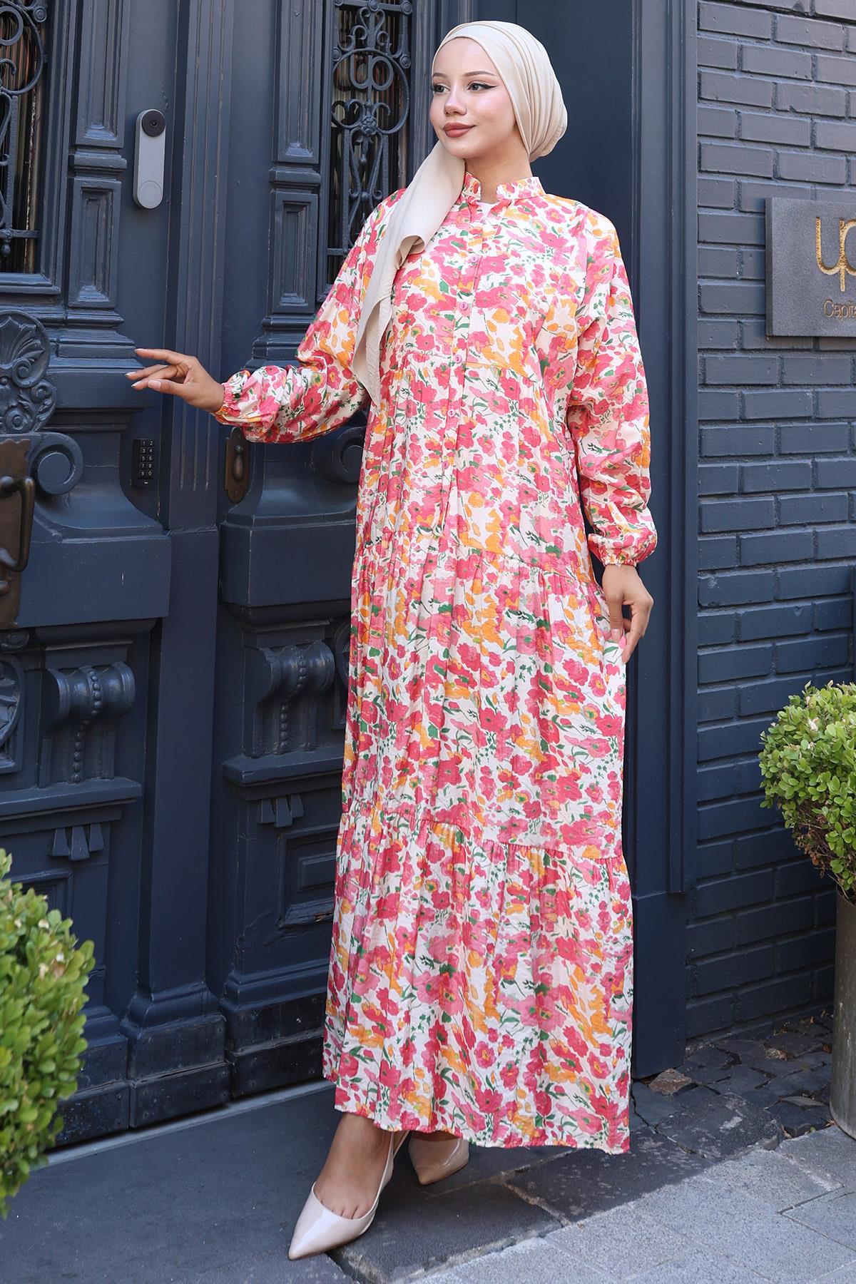 Çiçekli Baskılı Modal Elbise Pembe HM2794