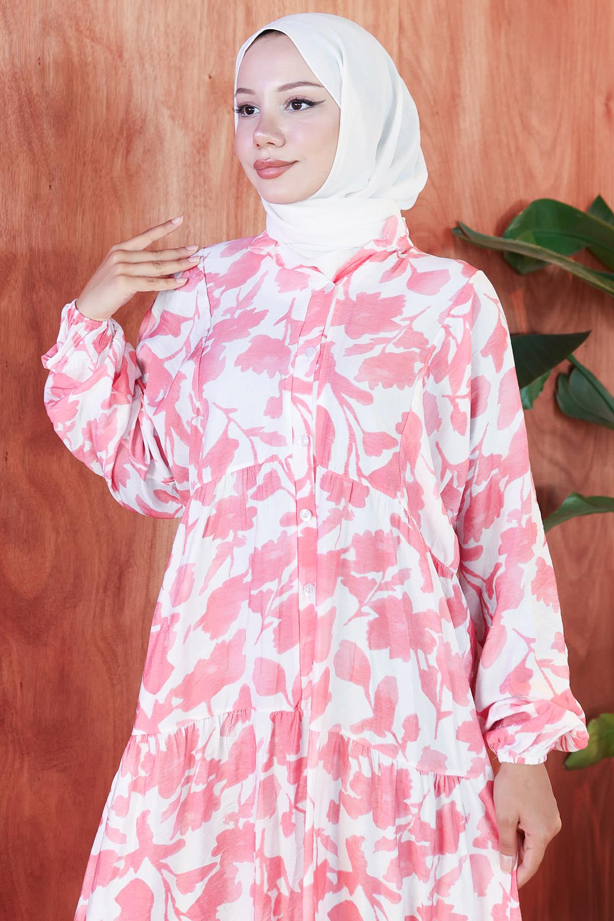 Çiçekli Baskılı Modal Elbise Pembe HM2798