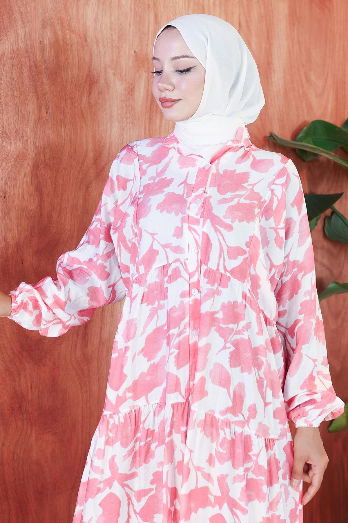 Çiçekli Baskılı Modal Elbise Pembe HM2798